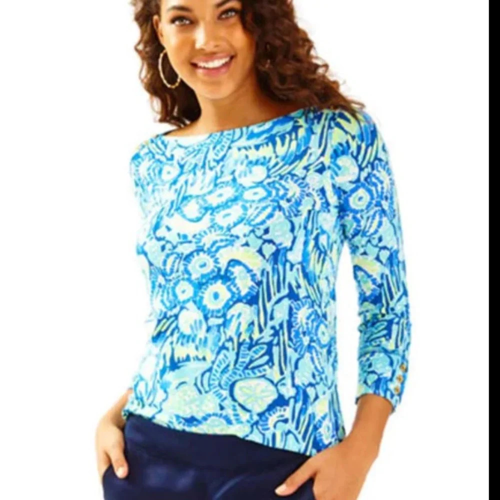 Lilly Pulitzer Women´s Alinda Top Cotton Indigo Sunset Swim Sz L spring classic